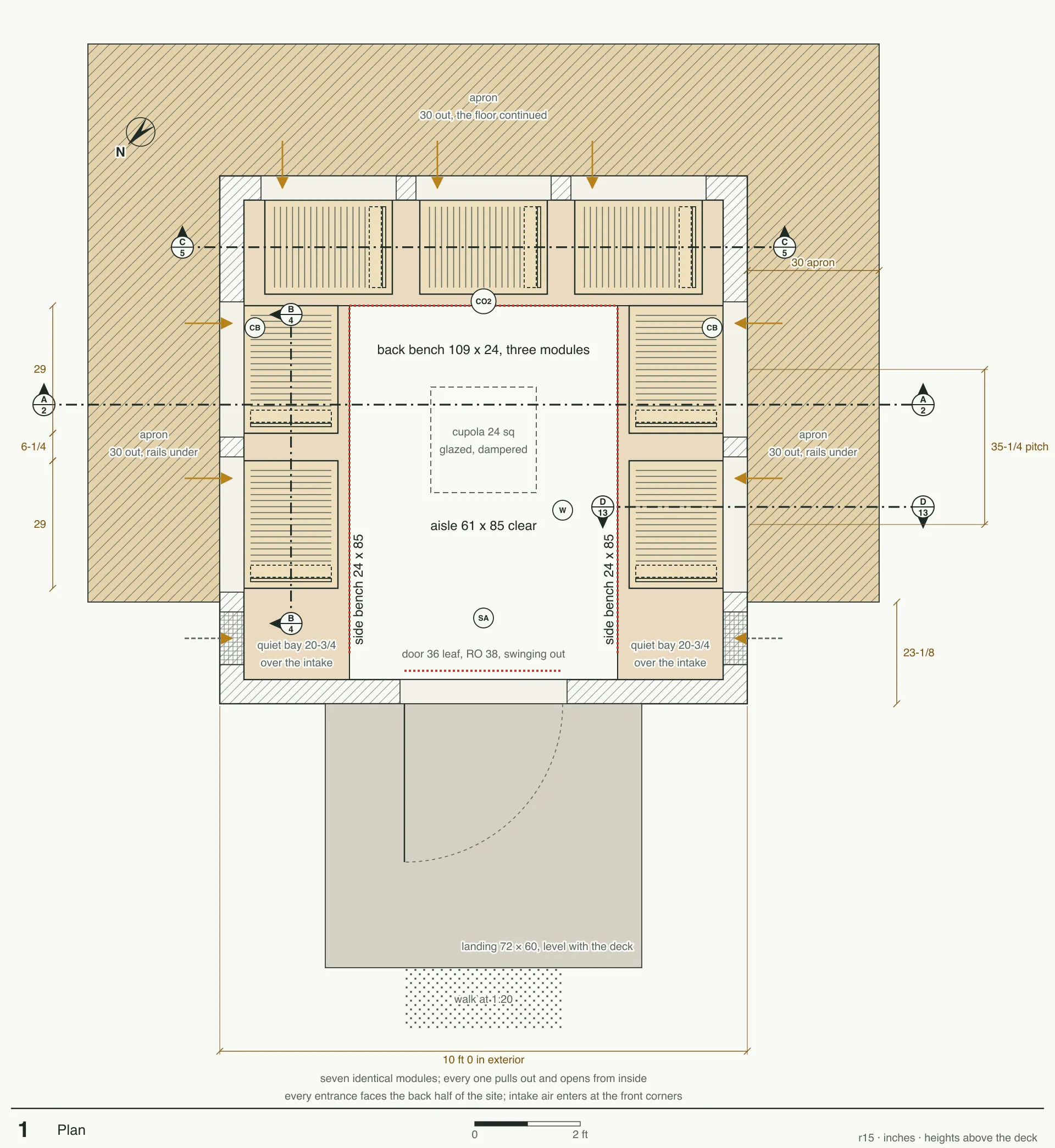 Plan drawing of the bee hut: benches on three sides of a central aisle, hive modules behind them that slide out onto an apron, and the door and landing at the front.